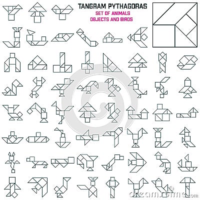 Set of Tangram Puzzle Line. Pythagoras square. Vector Illustration