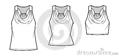 Set of Tanks racerback cowl crop tops technical fashion illustration with ruching, oversized, fitted body, waist, tunic Cartoon Illustration