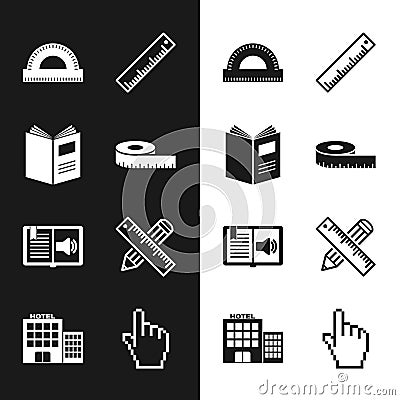 Set Tape measure, Open book, Protractor grid, Ruler, Audio, Crossed ruler and pencil, Pixel hand cursor and Hotel Vector Illustration