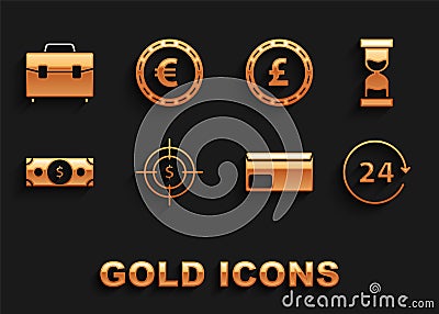 Set Target with dollar symbol, Old hourglass flowing sand, Clock 24 hours, Envelope, Stacks paper money cash, Coin pound Vector Illustration