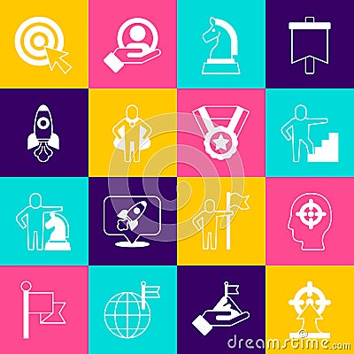 Set Target, Head hunting, Stair with finish flag, Chess, Rocket ship, arrow and Medal icon. Vector Stock Photo