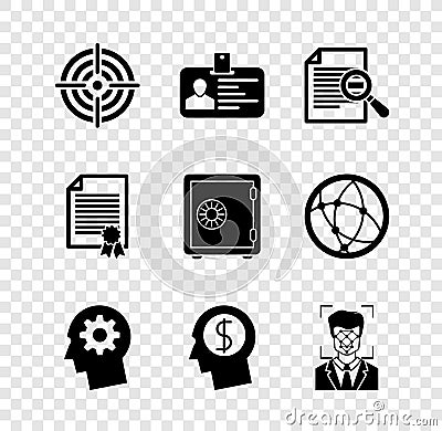 Set Target sport, Identification badge, Document with search, Human head gear inside, Business planning mind and Face Stock Photo