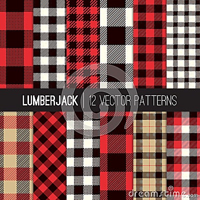 Lumberjack Plaid and Buffalo Check Seamless Vector Patterns in Red, Black, White and Tan. Vector Illustration
