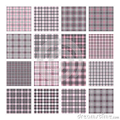 Set of 16 tartan seamless vector patterns. Checkered plaid texture. Geometrical square background for fabric Vector Illustration