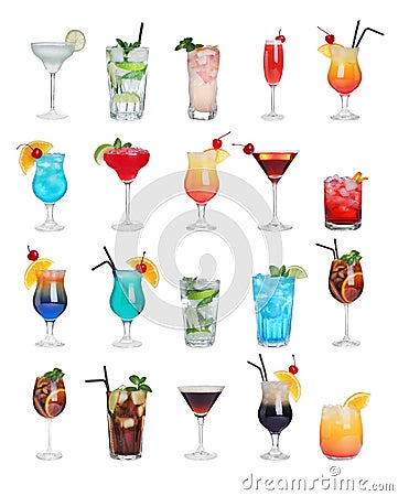 Set of tasty alcoholic cocktails isolated Stock Photo