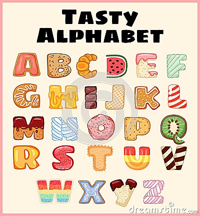 Set of tasty alphabet. Delicious, sweet, like donuts, glazed, chocolate, yummy, tasty, shaped alphabet font letters. Colorful Vector Illustration