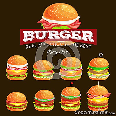 Set of tasty burger grilled beef and fresh vegetables dressed with sauce in bun for snack or lunch, hamburger is Vector Illustration