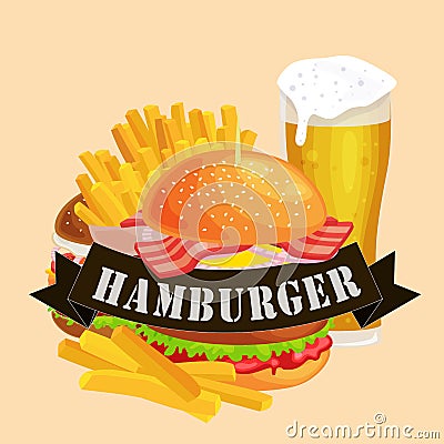 Set of tasty burgers grilled beef and fresh vegetables dressed with sauce bun for snack, american hamburger fast food Vector Illustration