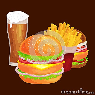 Set of tasty burgers grilled beef and fresh vegetables dressed with sauce bun for snack, american hamburger fast food Vector Illustration