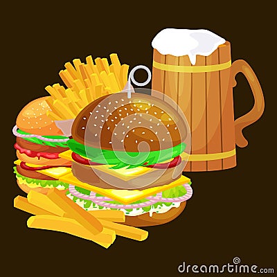 Set of tasty burgers grilled beef and fresh vegetables dressed with sauce bun for snack, american hamburger fast food Vector Illustration