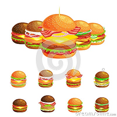 Set of tasty burgers grilled beef and fresh vegetables dressed with sauce bun for snack, american hamburger fast food Vector Illustration