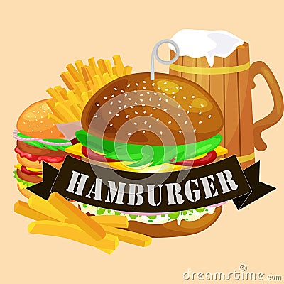 Set of tasty burgers grilled beef and fresh vegetables dressed with sauce bun for snack, american hamburger fast food Vector Illustration