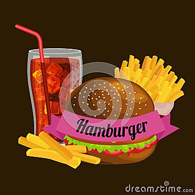 Set of tasty burgers grilled beef and fresh vegetables dressed with sauce bun for snack, american hamburger fast food Vector Illustration