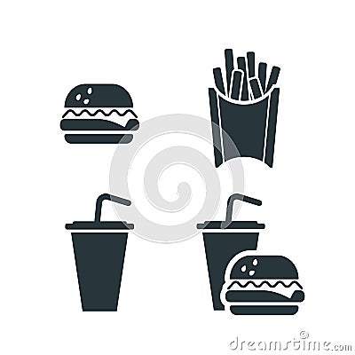 Set of tasty fast food, fries, drink and burger simple black icon on white Vector Illustration