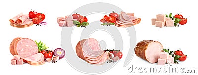 Set of tasty hams Stock Photo