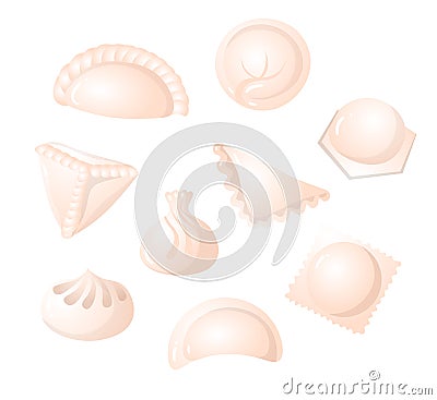 Set of tasty homemade dumpling with different inside food Vector Illustration