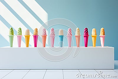 Set of tasty ice-creams in cups isolated on minimalist copy space background, colorful ice cream cones in a row, AI generated Stock Photo