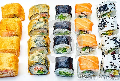 Set of tasty rolls on white background Stock Photo