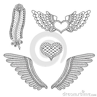 Set tattoo hearts, wings, feather Vector Illustration