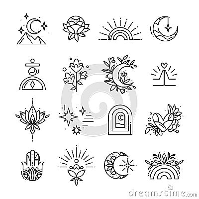 Set of tattoo in minimalism. Thin line shapes collection of yoga and nature symbols. Vector Illustration