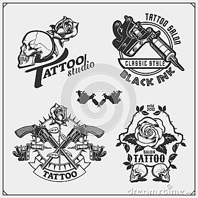 Set of tattoo salon labels, badges and design elements. Tattoo studio emblems with professional equipment. Vector Illustration