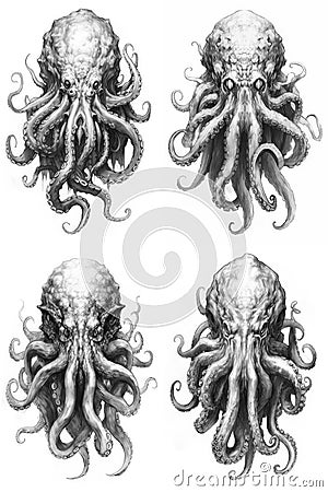 Set of tattoo sketches of a stylized giant squid or octopus Stock Photo