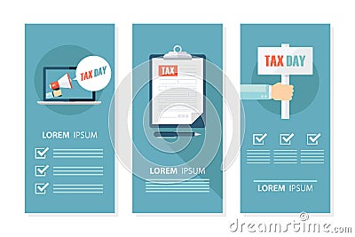 Set of Tax Day flyers with megaphone, laptop, tax form and signboard. State Government taxation. Vector Illustration