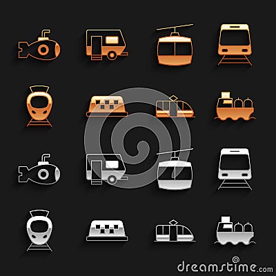 Set Taxi car roof, Train and railway, Oil tanker ship, Tram, Cable, Submarine and Rv Camping trailer icon. Vector Vector Illustration