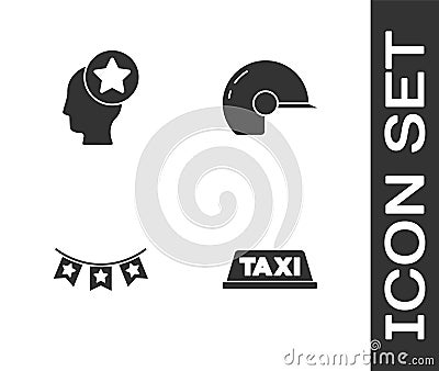Set Taxi car roof, USA Head, Carnival garland with flags and Baseball helmet icon. Vector Vector Illustration