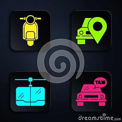 Set Taxi car, Scooter, Cable car and Map pointer with taxi. Black square button. Vector Vector Illustration