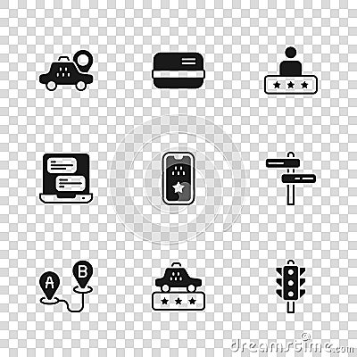 Set Taxi service rating, Road traffic sign, Traffic light, mobile app, Location taxi car, Credit card and icon. Vector Vector Illustration