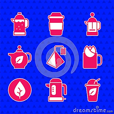 Set Tea bag, Electric kettle, Cup of tea with leaf, rose, Teapot, French press and icon. Vector Vector Illustration