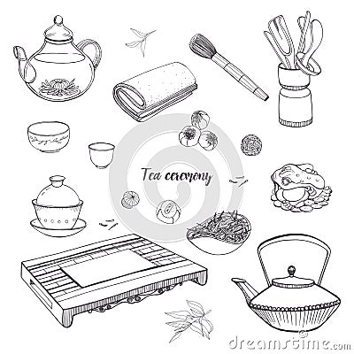 Set tea ceremony with various traditional tools. Teapot, bowls, gaiwan. Contour hand drawn illustration. Vector Illustration