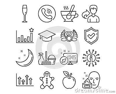 Tea cup, Upper arrows and Face cream icons. Efficacy, Gingerbread man and Graduation cap signs. Vector Vector Illustration