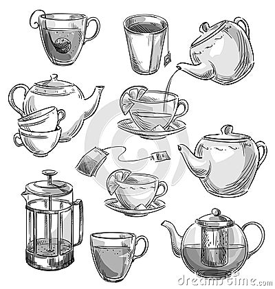Set of tea cups and teapots. Vector sketch. Vector Illustration