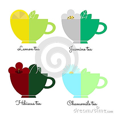 Set tea cups on white. Vector Illustration