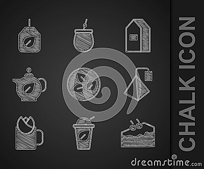 Set Tea leaf, Cup of tea with, Piece cake, bag, rose, Teapot, Paper package for milk and icon. Vector Vector Illustration