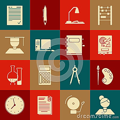 Set Teacher, Paint brush with palette, Board graph chart, Workplace table lamp and open book, Computer monitor keyboard Vector Illustration