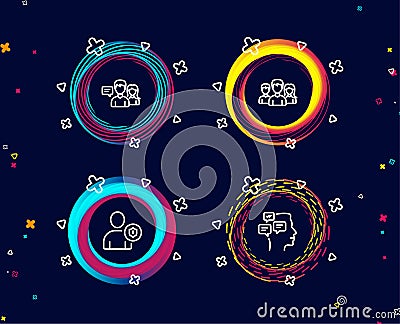 Teamwork, Security and People talking icons. Messages sign. Group of users, Person protection, Contact service. Vector Illustration