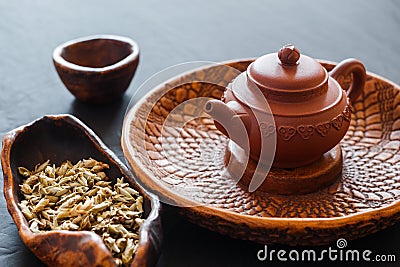 Set of teapot, chahe and bowl Stock Photo