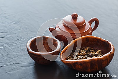 Set of teapot, chahe and bowl Stock Photo