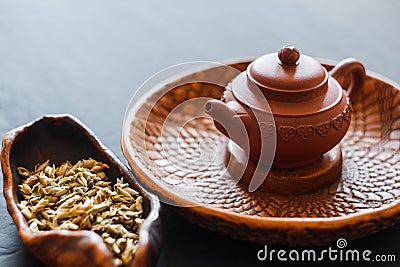 Set of teapot, chahe and pond Stock Photo