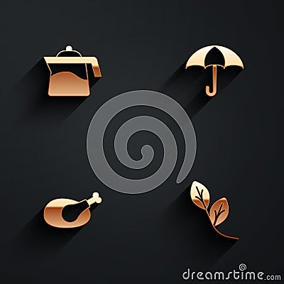 Set Teapot, Umbrella, Roasted turkey or chicken and Leaf icon with long shadow. Vector Vector Illustration