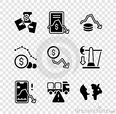 Set Tearing money banknote, Mobile stock trading, Dollar rate decrease, Stop delivery cargo truck, Broken piggy, and Stock Photo