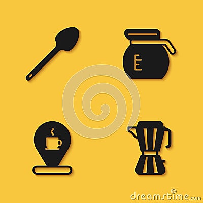 Set Teaspoon, Coffee maker moca pot, Location with coffee cup and icon with long shadow. Vector Vector Illustration