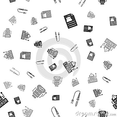 Set Technical specification, Soldering iron, Error robot and Robot low battery charge on seamless pattern. Vector Vector Illustration