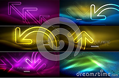 Set of technology connection and communication concept, glowing neon arrow symbol, linear shiny design in dark magic Vector Illustration