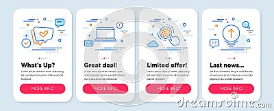 Set of Technology icons, such as Notebook, Approved, Cogwheel settings symbols. Swipe up line icons. Vector Vector Illustration