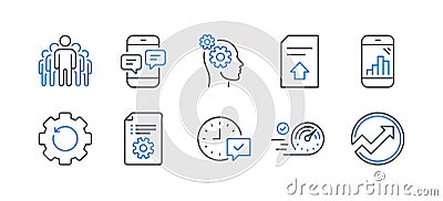 Set of Technology icons, such as Recovery gear, Upload file, Speedometer. Vector Vector Illustration