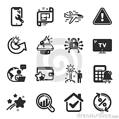 Set of Technology icons, such as Tv, Architectural plan, Airplane symbols. Vector Vector Illustration